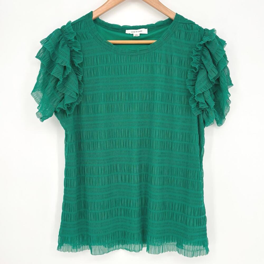 Zoey & Leelo Emerald Green Pintucked Ruffle Flutter Sleeve Top Size L